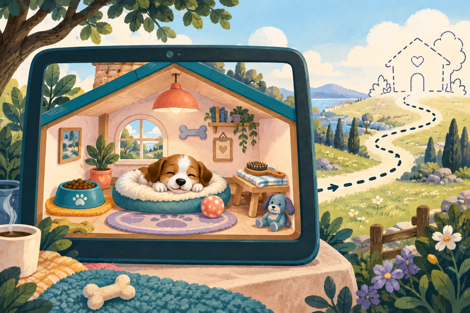 A puppy’s local care world with a bowl, toy, brush and bed; an unfinished path leads to a future shared home.