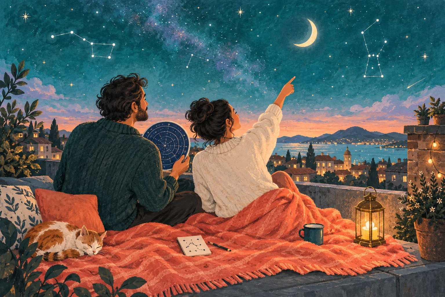 Two partners under a starry sky, pointing at the Moon with a shared sky map and observation card.